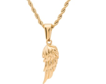 18k Gold Angel Wing Pendant Necklace - Stainless Steel Rope Chain