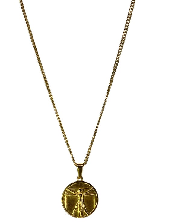 thumbnail interactive-video image 1 of Gold Vitruvian Man Pendant Necklace 14K, 18K Solid Gold 1 of 10