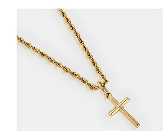 18K Gold Cross Pendant Necklace - Stainless Steel Rope Chain