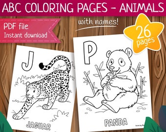 ENGLISH version - Cute ABC animals coloring pages - 26 hand drawn illustrations - Printable PDF file - Instant download