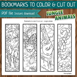 色を塗るブックマーク - かわいいジャングルの動物 - 手描きのイラスト 4 点 - 印刷可能な PDF ファイル - すぐにダウンロード