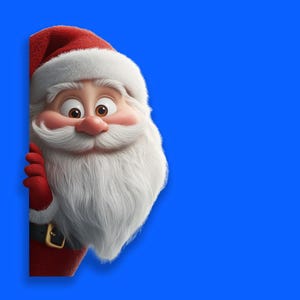 May include: A cartoon Santa Claus peeking around a corner with a red hat, white beard, and a red suit.
