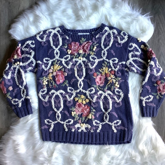 Vintage hand knit chunky floral grandma sweater S… - image 1