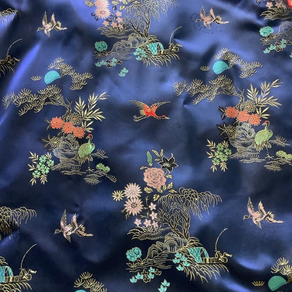 Vintage Japanese Kimono robe floral crane navy & … - image 7