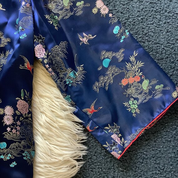 Vintage Japanese Kimono robe floral crane navy & … - image 6