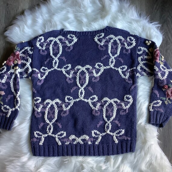 Vintage hand knit chunky floral grandma sweater S… - image 4