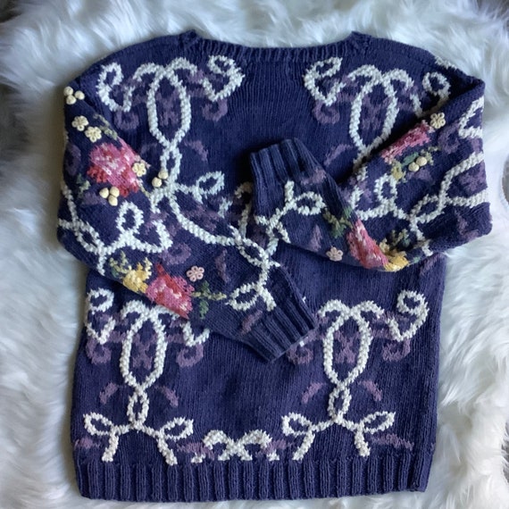 Vintage hand knit chunky floral grandma sweater S… - image 2