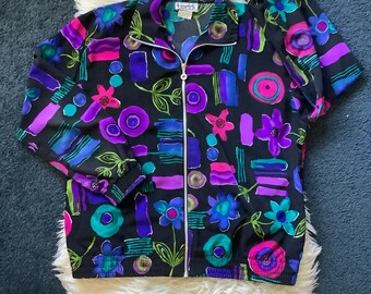 Vintage zip up jacket watercolor floral print purple & blue Medium/Large