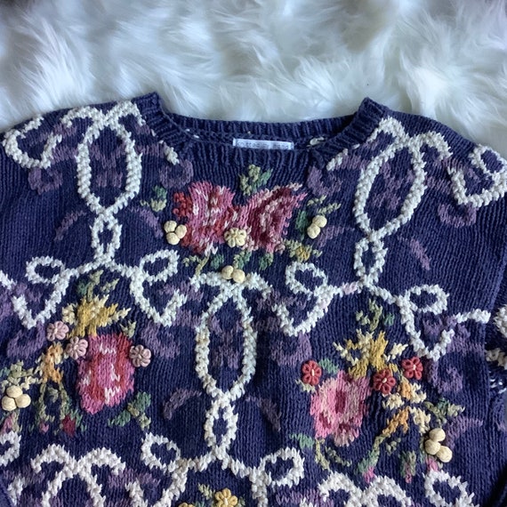 Vintage hand knit chunky floral grandma sweater S… - image 3