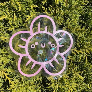 Smiley Face Flower Suncatcher Sticker | Window Decal | Rainbow Maker | Vinyl Waterproof | Prism Decor Cling Holographic Metallic Vinyl