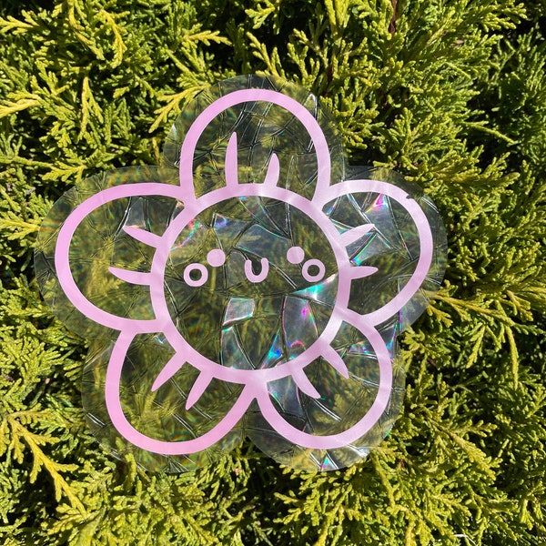 Smiley Face Flower Suncatcher Sticker | Window Decal | Rainbow Maker | Vinyl Waterproof | Prism Decor Cling Holographic Metallic Vinyl