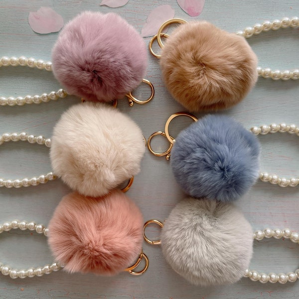 Pearl Chain, Crystal Bottle Pompom Car Keychain, Fur Ball Gold Plated Ring Keychain, Fluffy-Round Puff Purse Decor, Handbag Bag Decoration