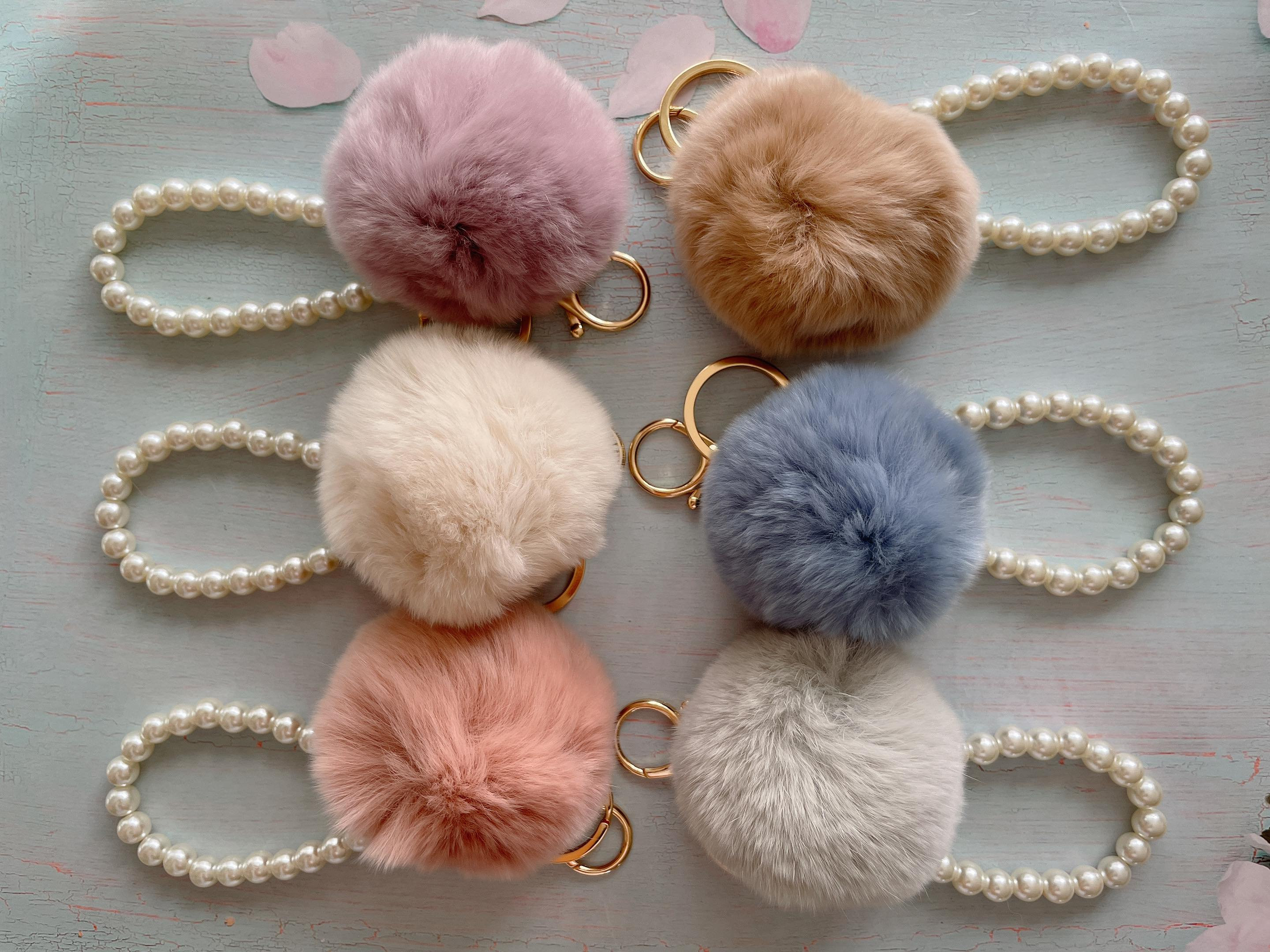 Buy Curatelier Rian Faux Fur Khaki Pom Pom Powder Puff Ball With Pink  Grosgrain Ribbon Key Ring Bag Charm