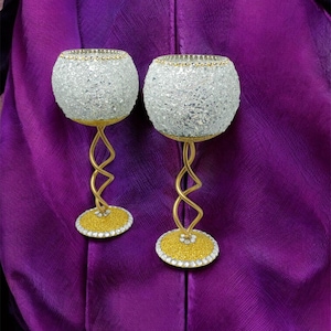 Gold & Rhinestone Crushed Diamond Candle Holder Set | Metan and Glass Candle Holder Set