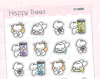 May include: Set of 12 digital stickers featuring cute cartoon characters with different expressions. The characters are holding coffee cups, energy drinks, and sleeping. The stickers are perfect for planners, journals, and digital scrapbooking.