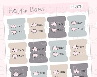 Mini Heart Monthly Tabs - Cute Functional Doodles Planner Stickers F10176