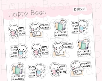 May include: A sticker sheet titled Happy Bees D10568 featuring repeating cartoon character illustrations with text including Time to Plan, Update Planner, Catch Up Planners, and Plan for the Week. The stickers show a small character with various stationery items like notebooks, pens, and mugs in pastel colors.