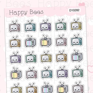 May include: A sheet of 24 colorful cartoon television stickers. Each sticker features a retro television with a smiling face and antenna. The stickers are perfect for adding a touch of whimsy to planners, journals, laptops, and more.
