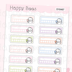 May include: Set of six colourful printable planner stickers featuring a cute cartoon baby holding a popsicle. Each sticker has a blank space for writing and a row of eight circles for tracking.
