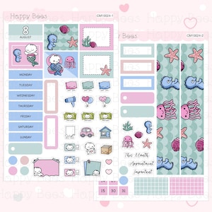May include: A set of printable planner stickers featuring a sea-themed design with a light blue, pink, and green color scheme. The stickers include a calendar, days of the week, and various cute illustrations of sea creatures, including jellyfish, starfish, and seahorses.