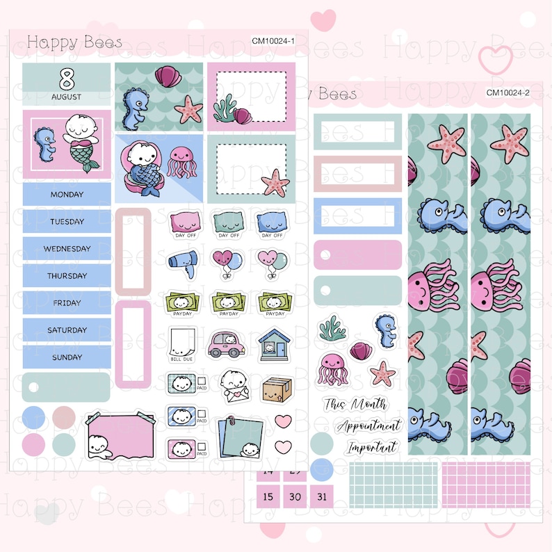 May include: A set of printable planner stickers featuring a sea-themed design with a light blue, pink, and green color scheme. The stickers include a calendar, days of the week, and various cute illustrations of sea creatures, including jellyfish, starfish, and seahorses.