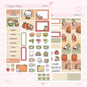 May include: A set of printable planner stickers with a fall theme. The stickers feature pumpkins, coffee cups, socks, and other fall-themed designs. The stickers are in a variety of colors, including orange, brown, green, and white. The stickers are designed to be used in a planner or journal.