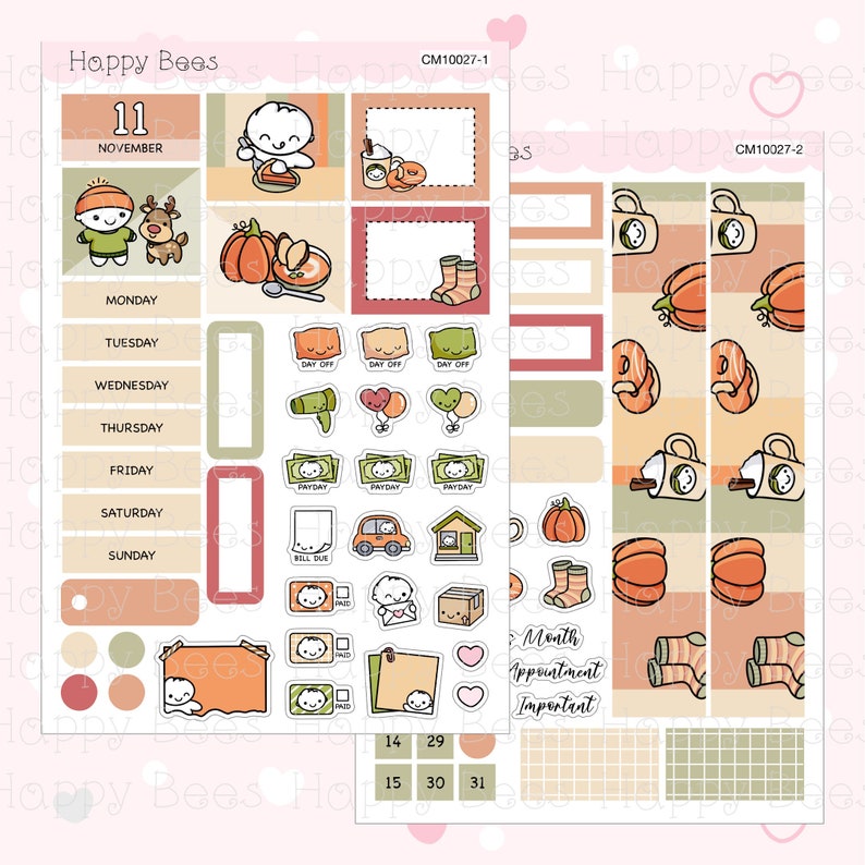 May include: A set of printable planner stickers with a fall theme. The stickers feature pumpkins, coffee cups, socks, and other fall-themed designs. The stickers are in a variety of colors, including orange, brown, green, and white. The stickers are designed to be used in a planner or journal.
