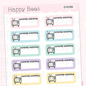May include: A sheet of planner stickers in pastel colours. Each sticker features a retro television with a rainbow screen and the text "currently watching". The stickers are in various rectangular shapes.