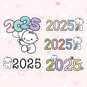 Griffonnages découpés avec des matrices du Nouvel An 2025 - Stickers mignons pour agenda pour Bullet Journal DC10048