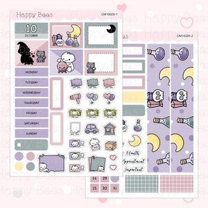 May include: A set of printable planner stickers featuring a Halloween theme with a purple, pink, and yellow color scheme. The stickers include a variety of designs, such as cats, moons, potion bottles, skulls, and a ghost. The stickers are labeled with the text "CM10026-1" and "CM10026-2".