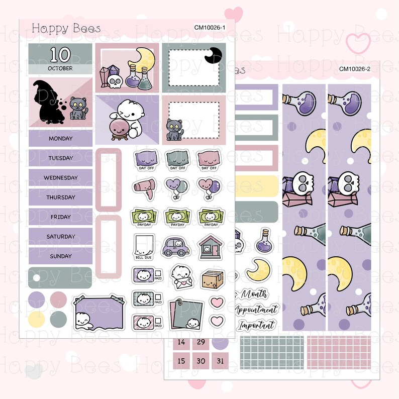 May include: A set of printable planner stickers featuring a Halloween theme with a purple, pink, and yellow color scheme. The stickers include a variety of designs, such as cats, moons, potion bottles, skulls, and a ghost. The stickers are labeled with the text "CM10026-1" and "CM10026-2".