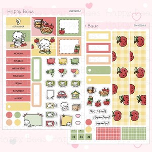 May include: A printable planner sticker sheet with a fall apple theme. The sheet includes a calendar, daily boxes, a to-do list, and various apple-themed stickers. The stickers are in a cartoon style and feature red apples, leaves, and a pie.