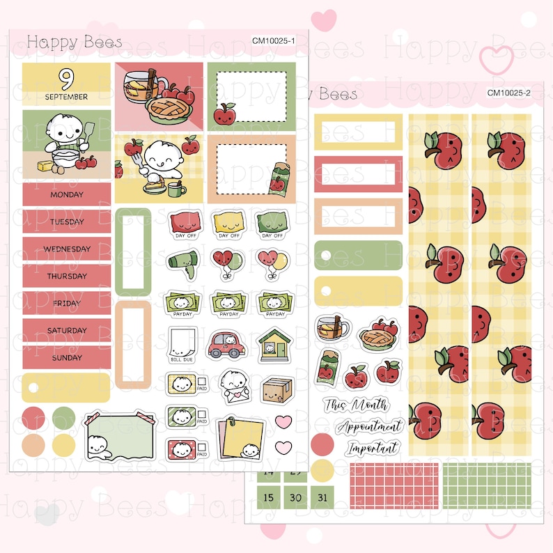 May include: A printable planner sticker sheet with a fall apple theme. The sheet includes a calendar, daily boxes, a to-do list, and various apple-themed stickers. The stickers are in a cartoon style and feature red apples, leaves, and a pie.
