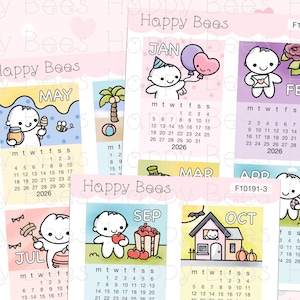 2026 Mini Calendar Doodles - Cute Functional Hobonichi Cousin Planner Stickers F10191