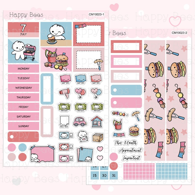May include: A set of printable planner stickers featuring cute cartoon characters and illustrations. The stickers include a calendar, days of the week, and various other designs. The stickers are in pink, blue, and white.