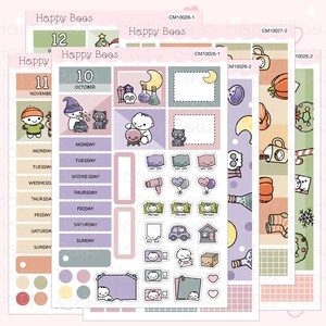 May include: A set of Halloween-themed planner stickers featuring a witch, a cauldron, a cat, a ghost, a pumpkin, a skull, a potion bottle, a crescent moon, a candy cane, a coffee cup, and a pair of socks. The stickers are on a pink background with white polka dots.