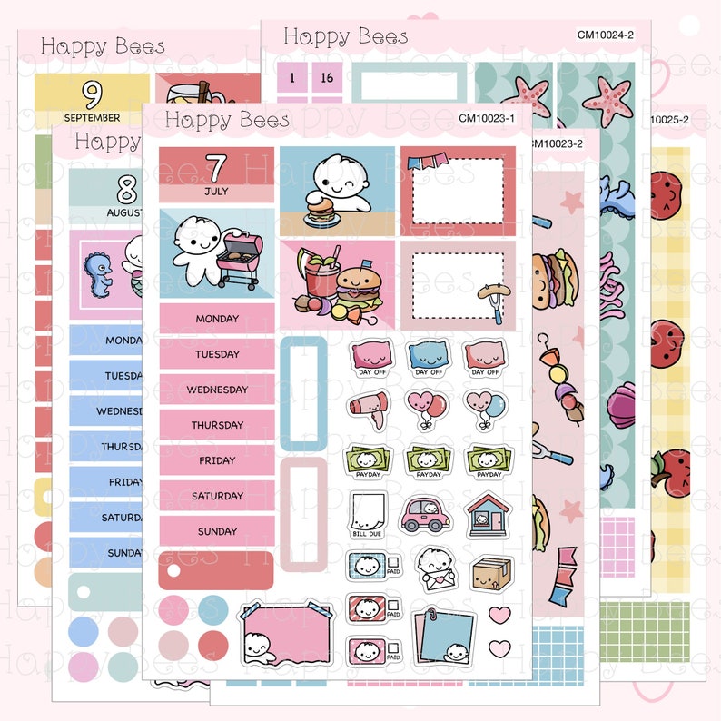 May include: A set of printable planner stickers featuring cute cartoon bees, a grill, a hamburger, a glass of juice, a house, a car, and other summer-themed designs. The stickers are in pink, blue, and yellow colors.