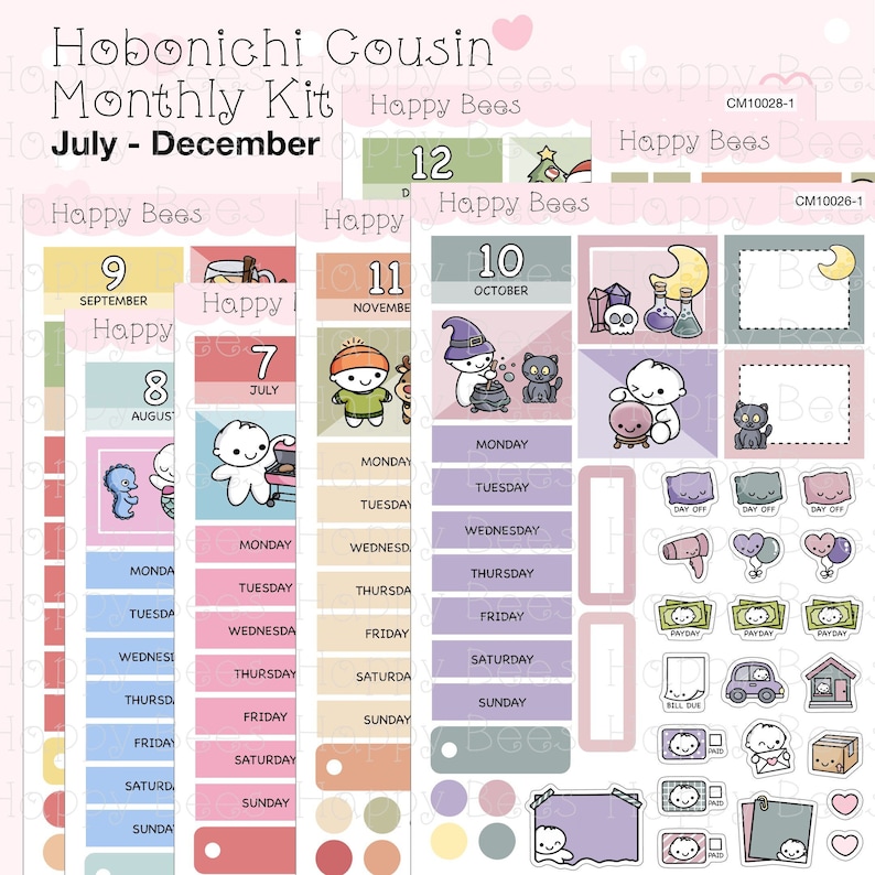 May include: A set of printable planner stickers featuring cute cartoon characters and illustrations. The stickers are designed for use with the Hobonichi Cousin monthly planner. The stickers include a variety of designs, such as a witch, a cat, a ghost, a cauldron, a moon, and a potion bottle. The stickers are also labeled with the months of July, August, September, October, November, and December.