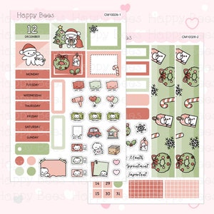 May include: A Christmas-themed planner sticker set with a red, green, and white color scheme. The set includes a calendar, daily boxes, and a variety of stickers featuring cute cartoon bears, snowflakes, candy canes, and wreaths. The text "CM10028-1" and "CM10028-2" is printed on the stickers.