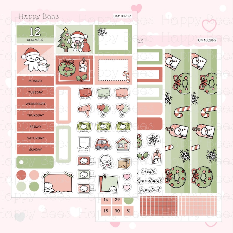May include: A Christmas-themed planner sticker set with a red, green, and white color scheme. The set includes a calendar, daily boxes, and a variety of stickers featuring cute cartoon bears, snowflakes, candy canes, and wreaths. The text "CM10028-1" and "CM10028-2" is printed on the stickers.