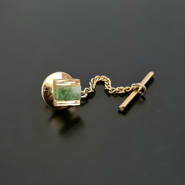 RESERVED FOR DONNIE Vintage Green Stone Square Tie Tack/Pin in Gold Tone Metal with Chain