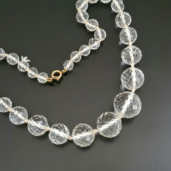 Vintage Crystal Cut Glass Graduated Faceted Beaded Necklace Knotted in 12k Gold Filled Clasp