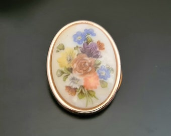 Vintage Multicoloured Floral White Acrylic Background Oval Scarf Clip in Rose Gold Tone Metal