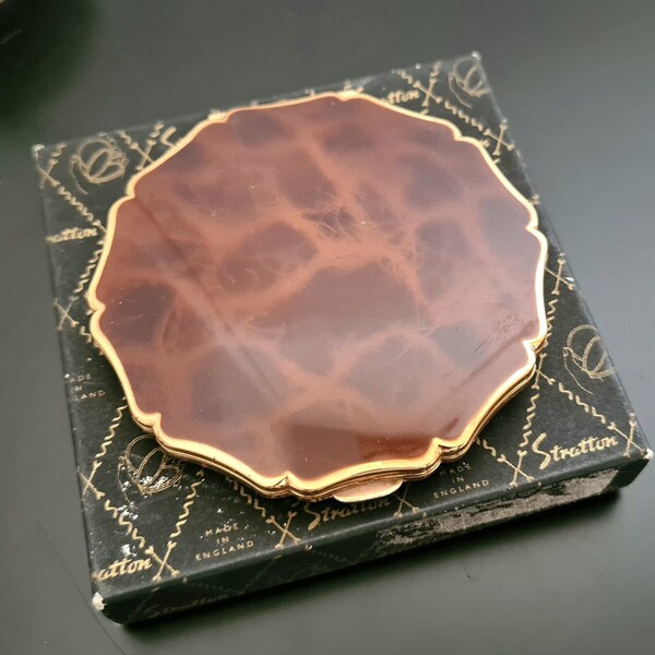 Vintage Stratton England Brown Marble Effect Enamel Gold Tone Powder Compact Box