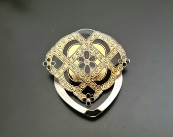 Vintage Geometric Black and Gold Tone Enamel Scarf Clip in Silver Tone Metal