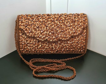 vintage Bijoux Terner Marron Perles et Sequins Rectangle Sac à main/Porte-monnaie