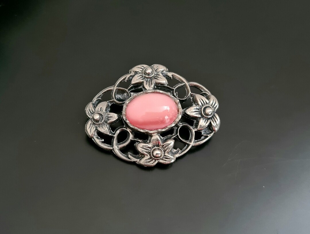 Vintage Pink Glass Stone Oval Pewter Floral Pin Brooch - Etsy