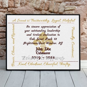 Scout Leader Appreciation Certificate Printable -  BSA Leader Award - Scout Leader Recognition Award - Personalized Scout Leader Award