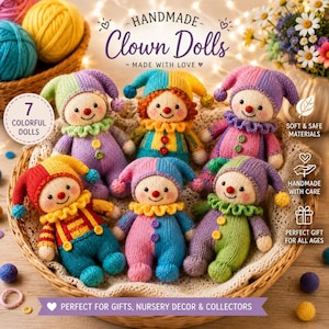 May include: Six handmade knit clown dolls with colourful hats, ruffled collars, and button details, arranged in a woven basket. The dolls feature varied colour combinations including purple, green, yellow, red, and blue, with embroidered faces.