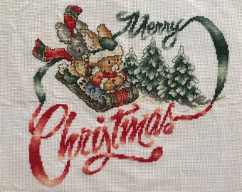 Finished unframed Stoney Creek Merry Christmas Bunnies Counted Cross Stitch